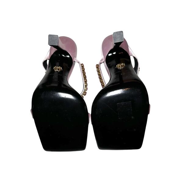 Versace NIB Medusa Pink Satin Crystal Rhinestone Square Toe Mules Heels Sandals - Picture 4 of 8